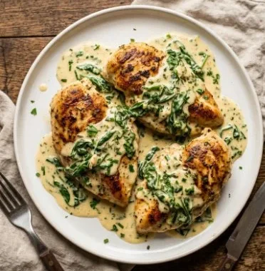 Creamy Chicken Dish 1 Delicious creamy chicken dish plated with fresh herbs and vegetables.