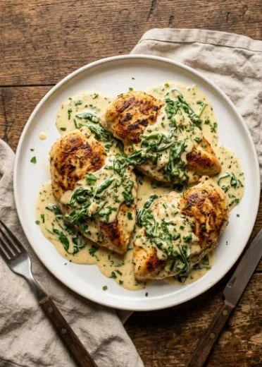 Delicious creamy chicken dish plated with fresh herbs and vegetables.