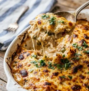 Creamy Green Chile Chicken Casserole 2 Creamy green chile chicken casserole dish with cheese and toppings