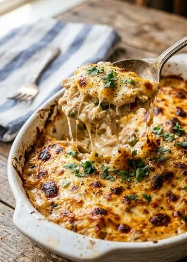Creamy green chile chicken casserole dish with cheese and toppings
