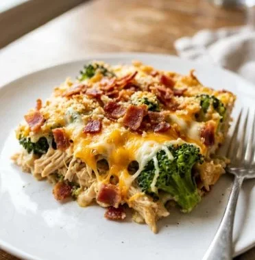 Creamy Low-Carb Chicken and Broccoli Casserole 1 Creamy low-carb chicken and broccoli casserole in a baking dish