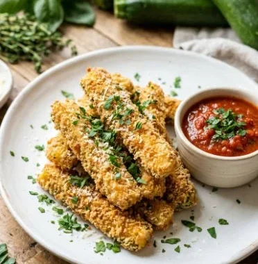 Delicious crispy air fryer zucchini fries served on a plate