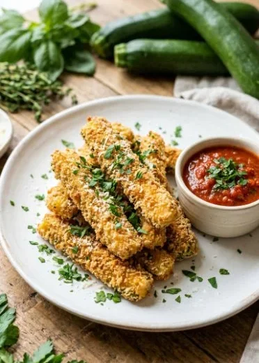 Delicious crispy air fryer zucchini fries served on a plate
