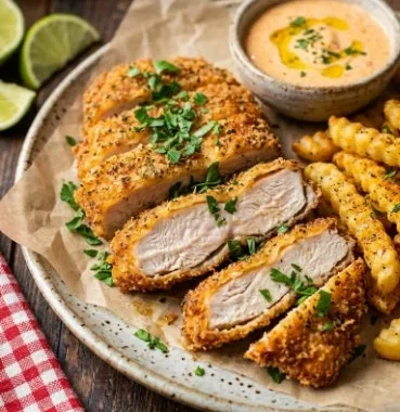 Delicious crispy chicken served with fries and spicy mayo sauce