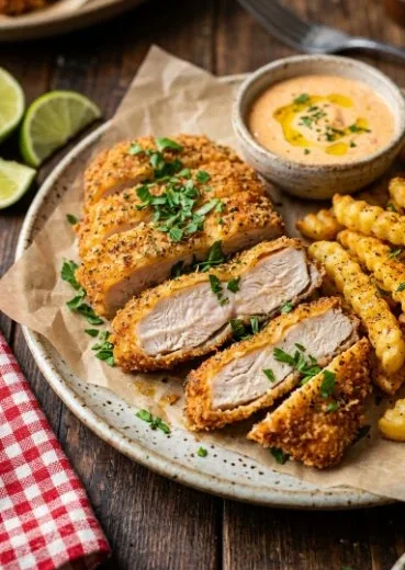 Delicious crispy chicken served with fries and spicy mayo sauce