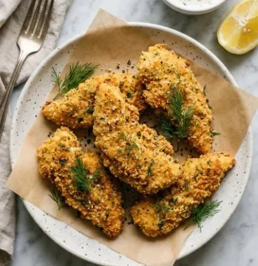 Crispy oven baked chicken tenders on a plate garnished with herbs