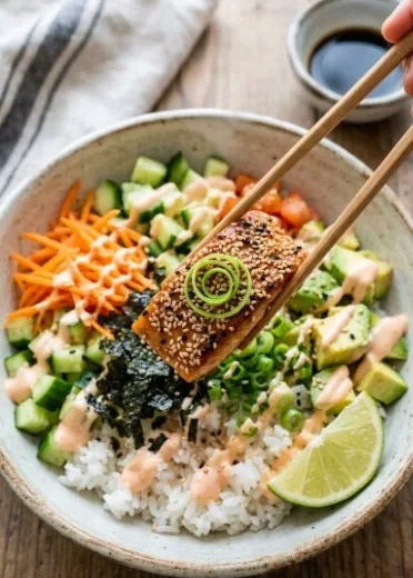 Crispy salmon bowls garnished with fresh vegetables and sauce