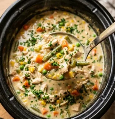 Crockpot Chicken Pot Pie 1 Rich and creamy crockpot chicken pot pie filled with veggies and tender chicken.