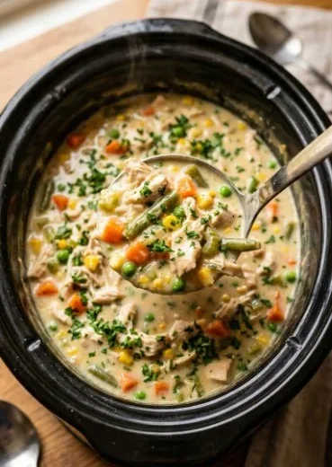 Rich and creamy crockpot chicken pot pie filled with veggies and tender chicken.