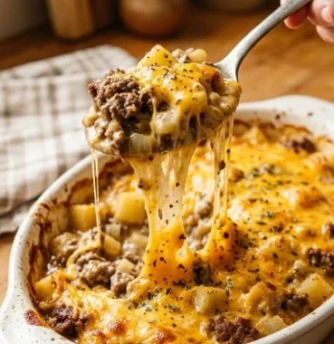 Delicious crockpot hamburger potato casserole with cheese and herbs