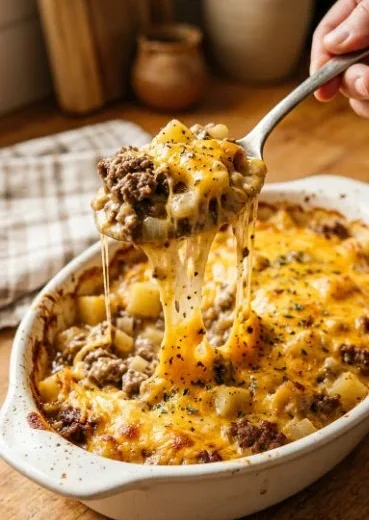 Delicious crockpot hamburger potato casserole with cheese and herbs