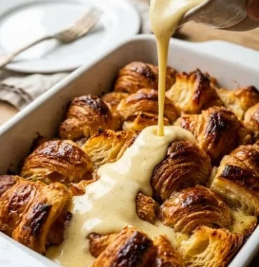 Delicious Croissant Bread Pudding baked with flaky croissants and custard