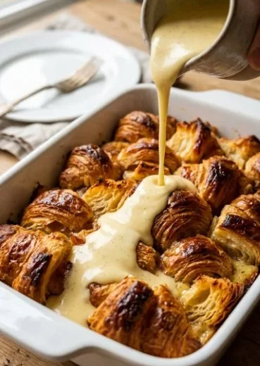 Delicious Croissant Bread Pudding baked with flaky croissants and custard