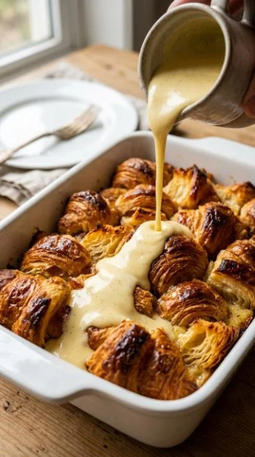 Delicious Croissant Bread Pudding baked with flaky croissants and custard
