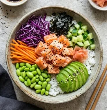 Deconstructed Sushi Bowl 2 A colorful deconstructed sushi bowl with fresh ingredients and vibrant toppings.