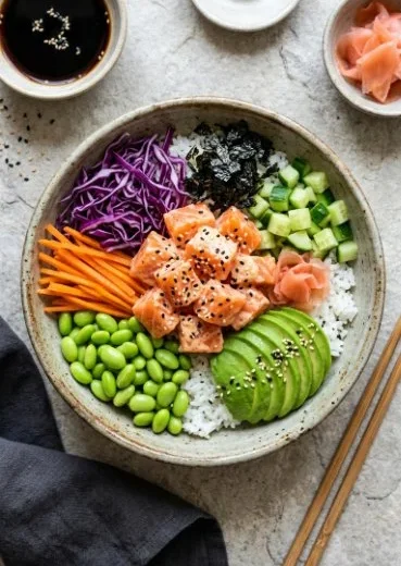A colorful deconstructed sushi bowl with fresh ingredients and vibrant toppings.