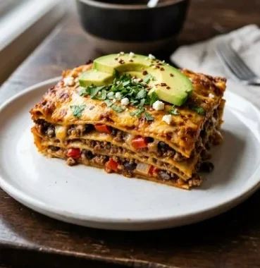 Delicious beef enchilada bake topped with cheese and garnished with fresh cilantro.
