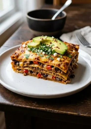 Delicious beef enchilada bake topped with cheese and garnished with fresh cilantro.