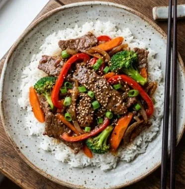 Easy Beef Stir Fry 1 Easy beef stir fry with colorful vegetables in a pan
