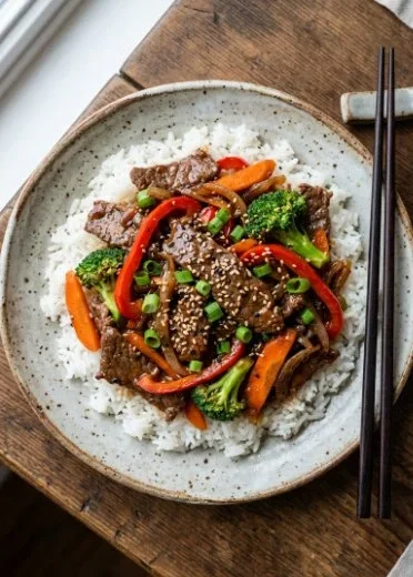 Easy beef stir fry with colorful vegetables in a pan