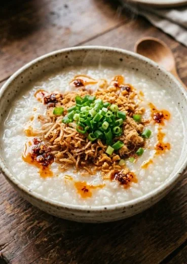 Bowl of easy breakfast congee topped with green onions and sesame seeds.