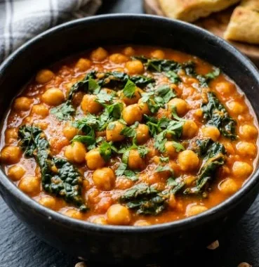 A bowl of easy chickpea stew garnished with herbs and served with bread.