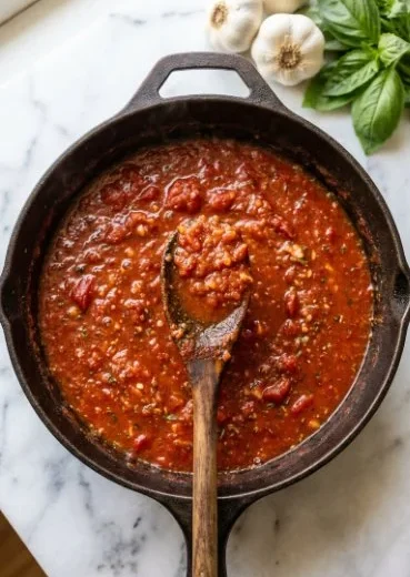 Bowl of easy keto marinara sauce, ideal for low-carb meal preparations.