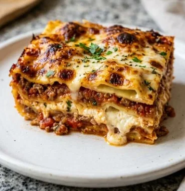 Easy ravioli lasagna dish served in a baking dish with melted cheese on top.