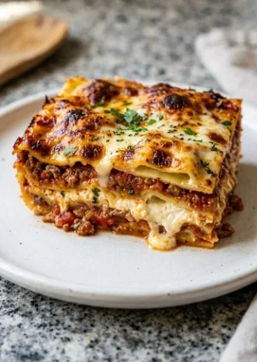Easy ravioli lasagna dish served in a baking dish with melted cheese on top.