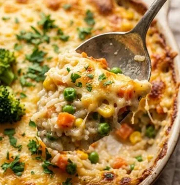 Delicious easy vegetable casserole with colorful veggies and cheesy topping
