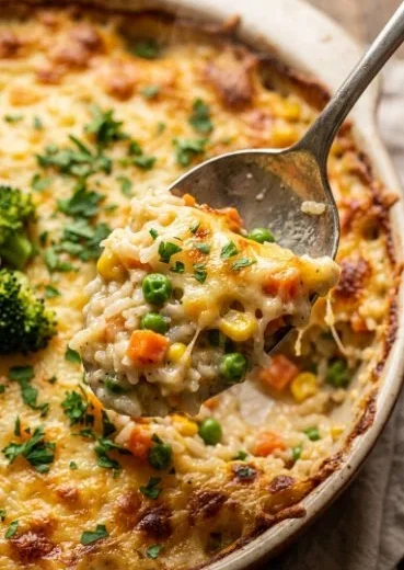 Delicious easy vegetable casserole with colorful veggies and cheesy topping