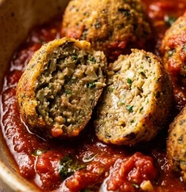 Delicious homemade eggplant meatballs served with marinara sauce and herbs