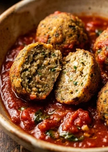 Delicious homemade eggplant meatballs served with marinara sauce and herbs