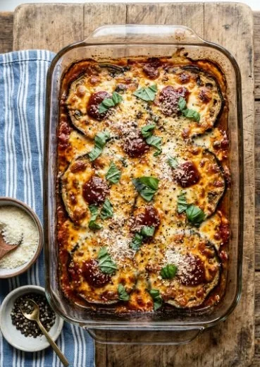 Delicious Eggplant Parmigiana Casserole topped with cheese and herbs