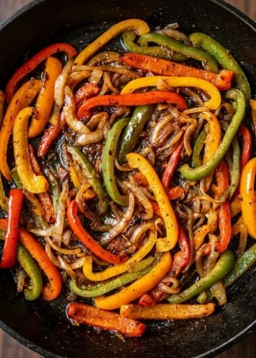 Colorful fajita veggies sautéed for tacos and burritos