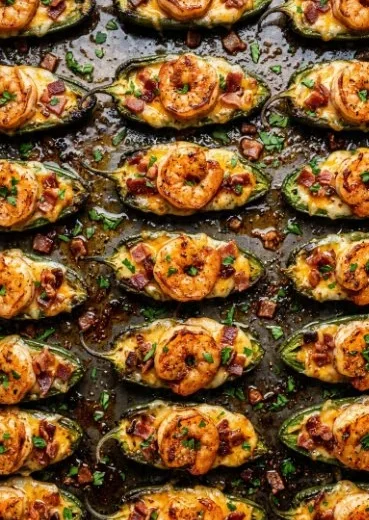 Fiery Cajun shrimp stuffed in jalapeños served on a platter