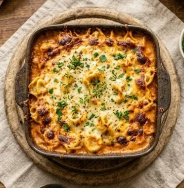 Delicious French Onion Tortellini Bake topped with melted cheese and herbs.