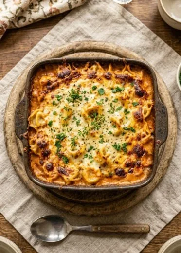 Delicious French Onion Tortellini Bake topped with melted cheese and herbs.