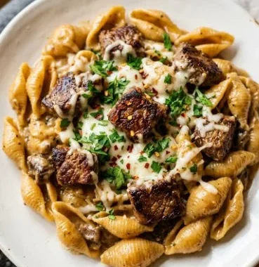 Garlic Butter Steak Bites served with creamy Parmesan shells on a plate