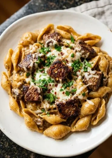 Garlic Butter Steak Bites served with creamy Parmesan shells on a plate