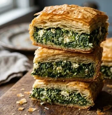 Slice of traditional Greek Spanakopita with spinach and feta filling