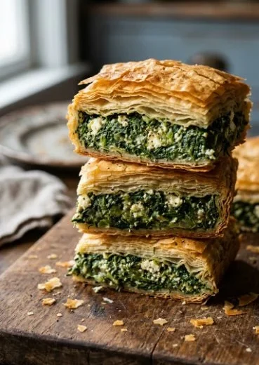 Slice of traditional Greek Spanakopita with spinach and feta filling
