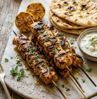 Delicious Greek yogurt-marinated chicken souvlaki skewers grilled to perfection.