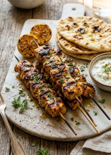 Delicious Greek yogurt-marinated chicken souvlaki skewers grilled to perfection.