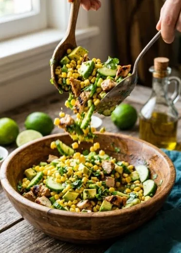 Delicious Grilled Chicken Avocado Corn Salad with vibrant chili-lime dressing