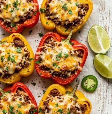 Ground Turkey Stuffed Peppers 2 Ground turkey stuffed peppers served on a plate with seasonings