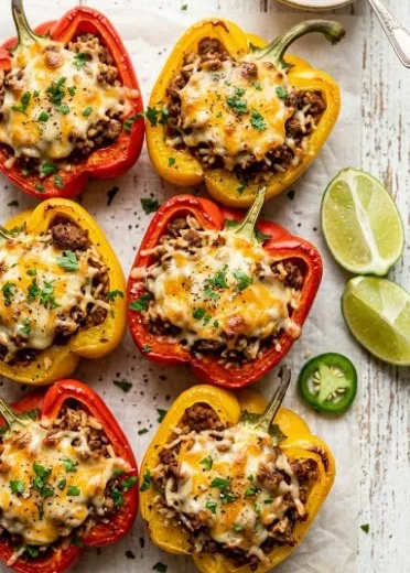 Ground turkey stuffed peppers served on a plate with seasonings