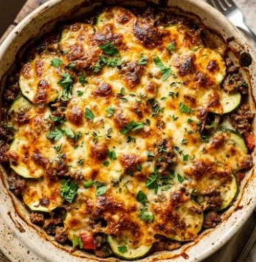 Ground Turkey Zucchini Casserole 2 Ground turkey zucchini casserole topped with cheese, baked to perfection.