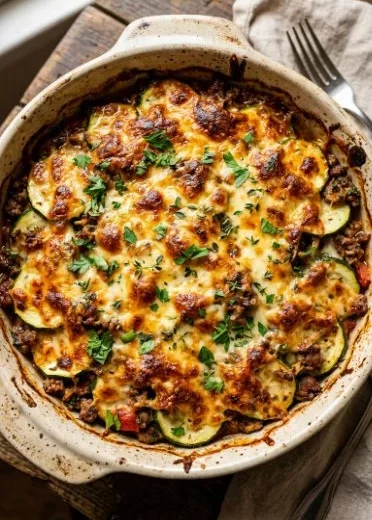 Ground turkey zucchini casserole topped with cheese, baked to perfection.