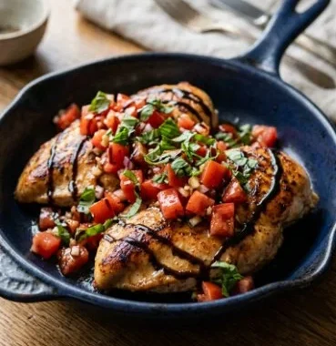 Healthy Bruschetta Chicken 1 Healthy bruschetta chicken topped with fresh tomatoes and basil